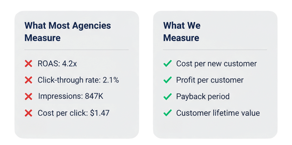 Comparison of what most agencies measure vs what We Don't Run Ads measures